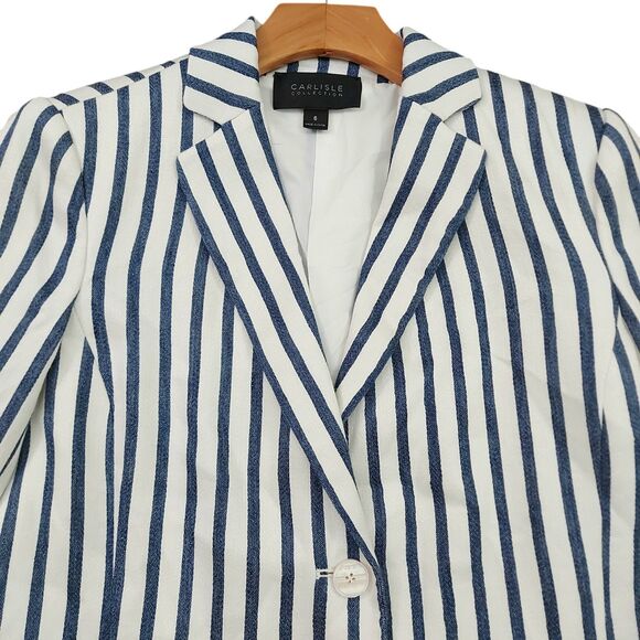 Carlisle Sport Blazer Jacket Womens 6 White Navy Striped Linen Blend Two Button - Picture 2 of 11